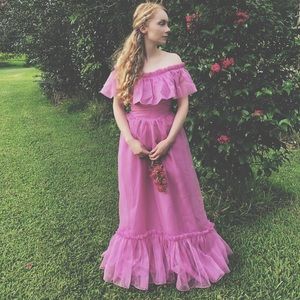 Vintage Magenta off the shoulder long ruffle dress